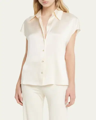 Vince Cap-Sleeve Ruched-Back Silk Blouse | Thumbnail 4