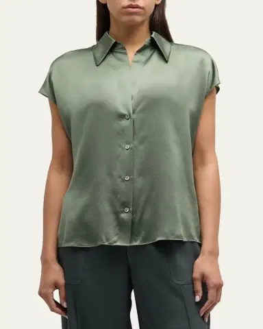 Vince Cap-Sleeve Ruched-Back Silk Blouse | Thumbnail 8