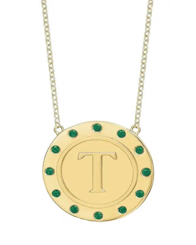 Tracee Nichols 14K Gold Initial Token Necklace with Emeralds