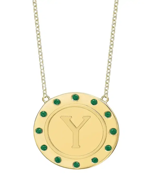 14K Gold Initial Token Necklace with Emeralds