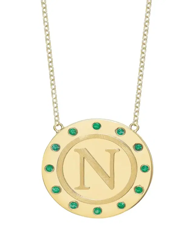 Tracee Nichols 14K Gold Initial Token Necklace with Emeralds