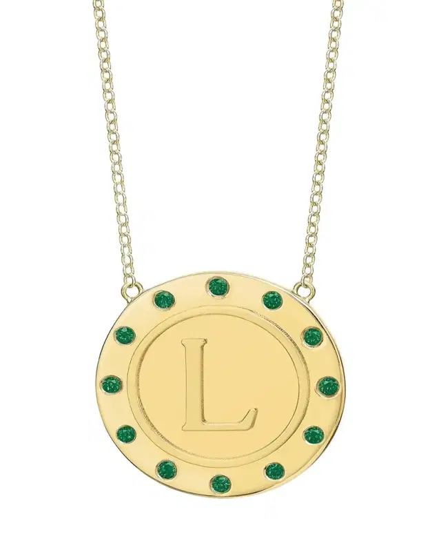 Tracee Nichols 14K Gold Initial Token Necklace with Emeralds