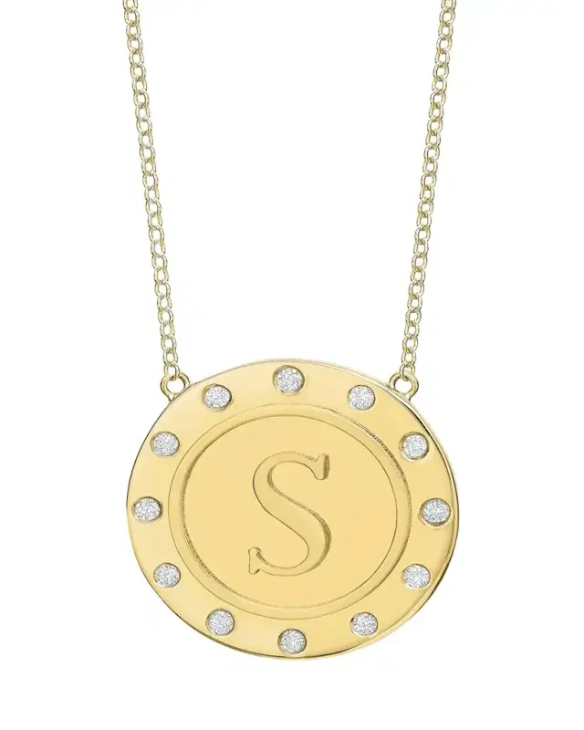 14K Gold Initial Token Necklace with Diamonds