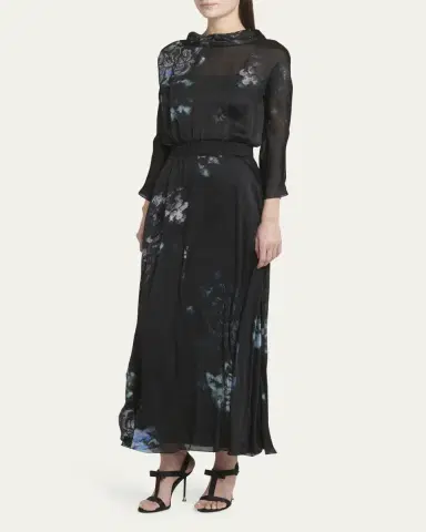 Giorgio Armani Floral Print Silk Gown with Smocked Waist | Thumbnail 4
