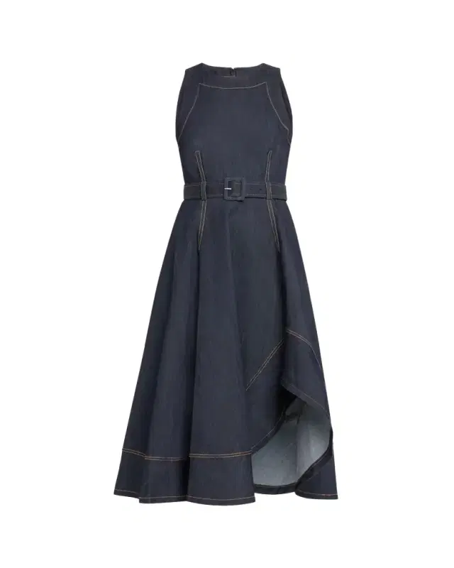 Cinq a Sept Zelda Belted Asymmetric Sleeveless Denim Midi Dress