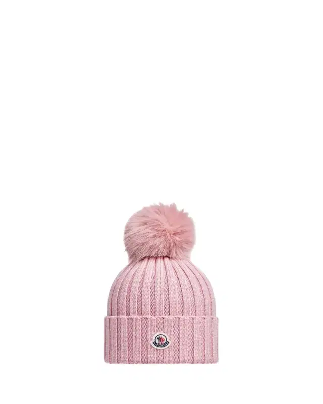 Moncler Ribbed Wool Beanie with Faux Fur Pom