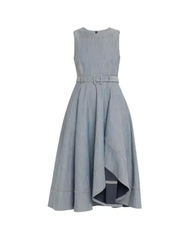 Cinq a Sept Zelda Belted Asymmetric Sleeveless Denim Midi Dress