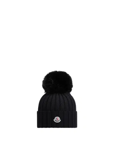 Moncler Ribbed Wool Beanie with Faux Fur Pom | Thumbnail 1