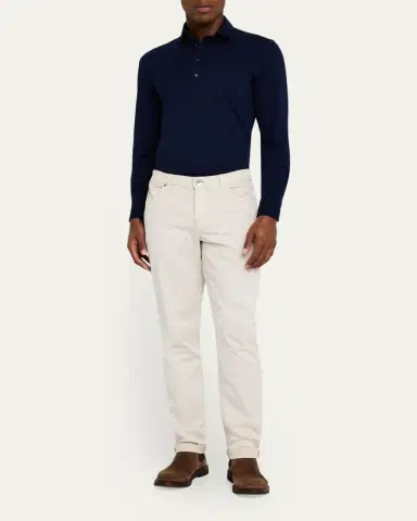 Brunello Cucinelli Men's Long-Sleeve Pique Polo Shirt | Thumbnail 2