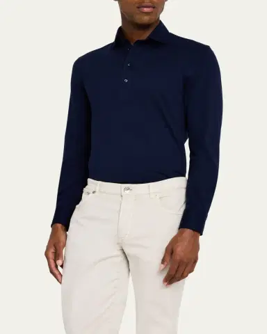 Brunello Cucinelli Men's Long-Sleeve Pique Polo Shirt | Thumbnail 4