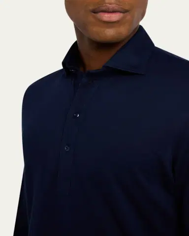Brunello Cucinelli Men's Long-Sleeve Pique Polo Shirt | Thumbnail 5