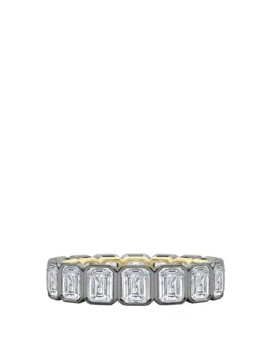 HauteCarat 18K Emerald Cut Bezel Lab Grown Diamond Eternity Band, 6.6tcw | Thumbnail 1