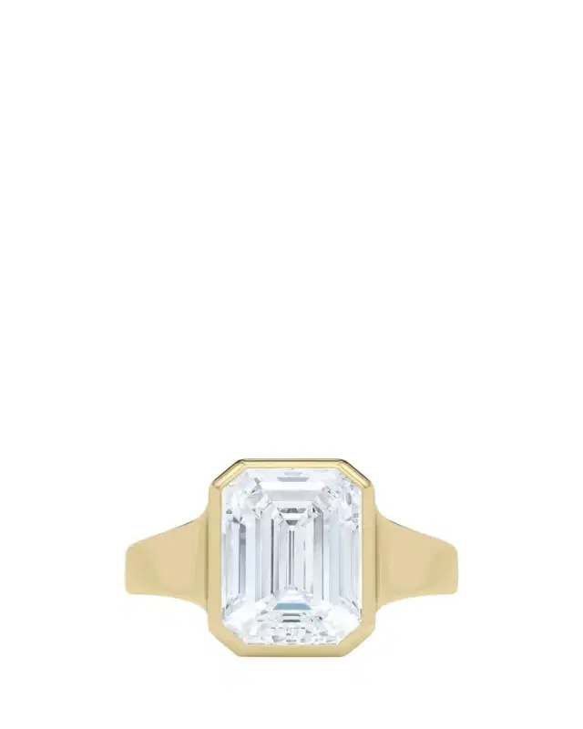 HauteCarat 18K Emerald Cut Lab Grown Diamond Cigar Bezel Ring, 2.0tcw