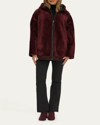 Gorski Reversible Textured Shearling Lamb Zip Hooded Jacket | Thumbnail 2 Gorski Reversible Textured Shearling Lamb Zip Hooded Jacket | Thumbnail 2