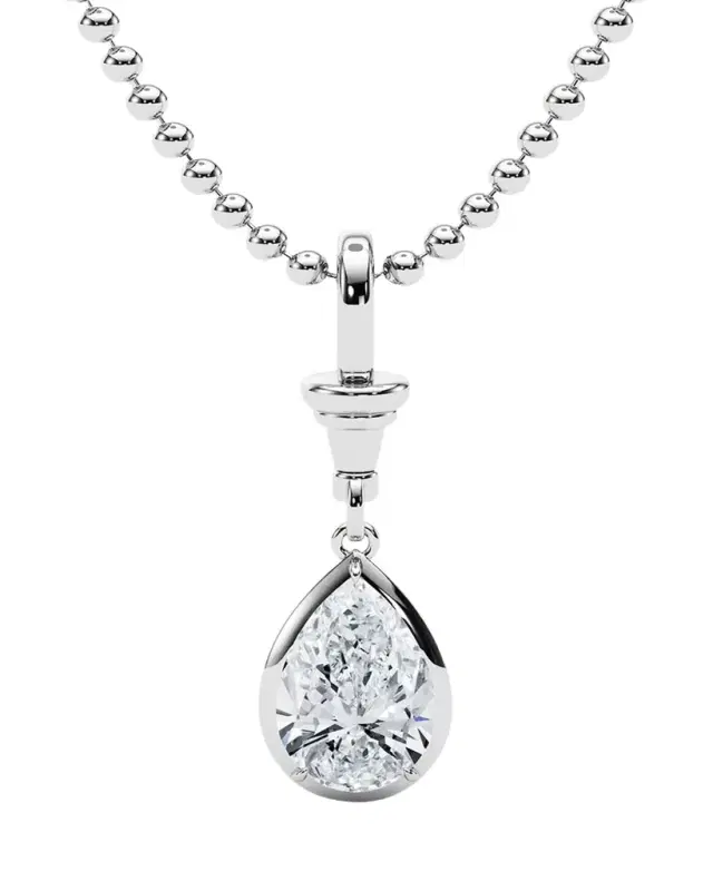 HauteCarat 18K Ball and Chain Pear Shape Lab Grown Diamond Pendant Necklace, 2.0tcw