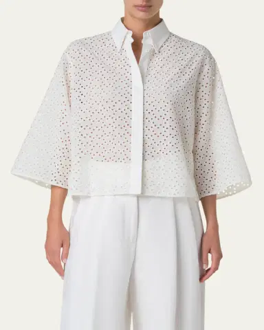 Akris punto Eyelet Three-Quarter Sleeve Poplin Blouse | Thumbnail 4