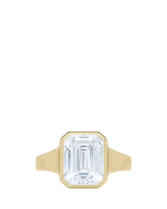 HauteCarat 18K Emerald Cut Lab Grown Diamond Cigar Bezel Ring, 3.0tcw