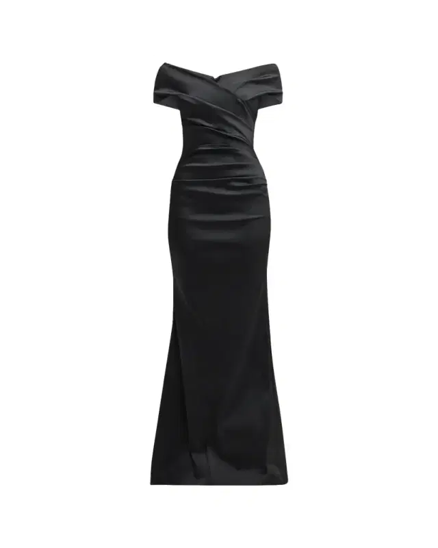 Rickie Freeman for Teri Jon Pleated Off-Shoulder Satin Column Gown