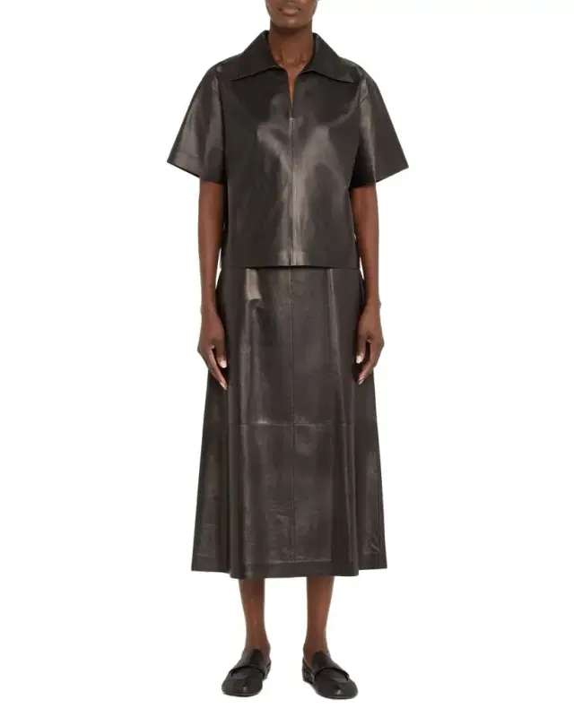 Lafayette 148 New York A-Line Leather Midi Skirt