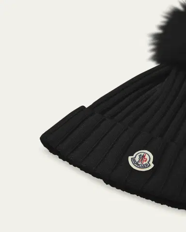 Moncler Ribbed Logo Beanie with Faux Fur Pom | Thumbnail 2
