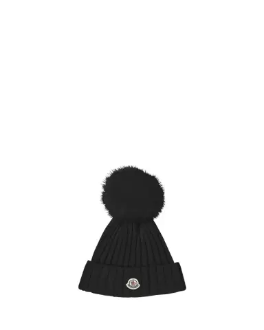 Moncler Ribbed Logo Beanie with Faux Fur Pom | Thumbnail 1