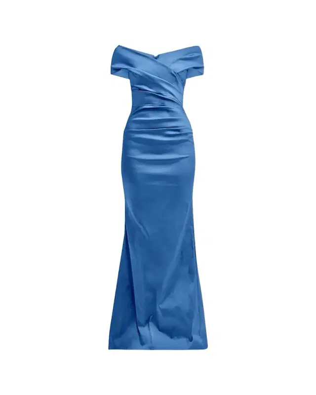 Rickie Freeman for Teri Jon Pleated Off-Shoulder Satin Column Gown