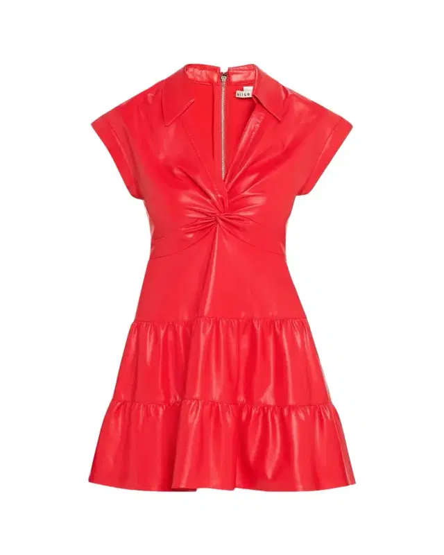 ALICE + OLIVIA Mila Vegan Leather Deep V Twist-Front Mini Dress