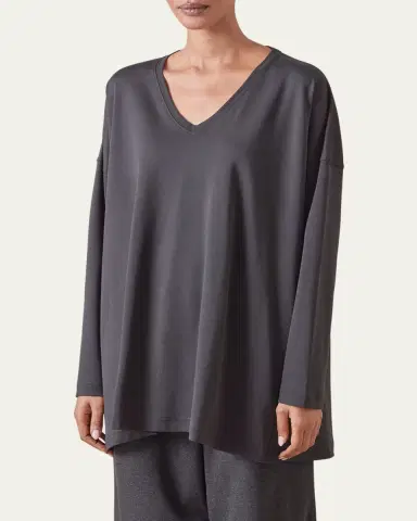 Eskandar Side-Paneled V-Neck T-Shirt (Long Length) | Thumbnail 2 Eskandar Side-Paneled V-Neck T-Shirt (Long Length) | Thumbnail 2