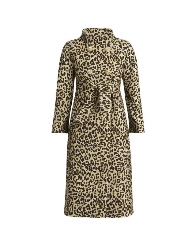 Leopard-Print Wool Double-Breasted Long Coat