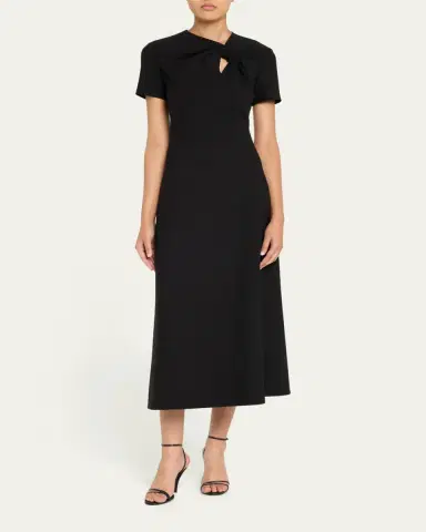 Oscar de la Renta Twisted-Neck Short-Sleeve Double Stretch Wool Midi Dress | Thumbnail 2