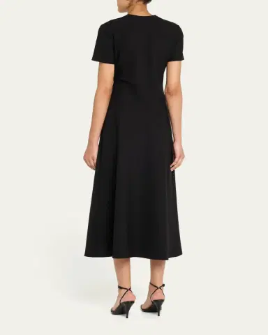 Oscar de la Renta Twisted-Neck Short-Sleeve Double Stretch Wool Midi Dress | Thumbnail 3