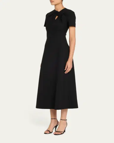 Oscar de la Renta Twisted-Neck Short-Sleeve Double Stretch Wool Midi Dress | Thumbnail 4