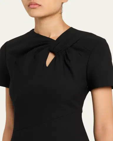 Oscar de la Renta Twisted-Neck Short-Sleeve Double Stretch Wool Midi Dress | Thumbnail 5
