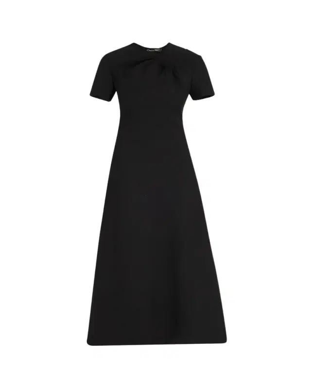 Twisted-Neck Short-Sleeve Double Stretch Wool Midi Dress
