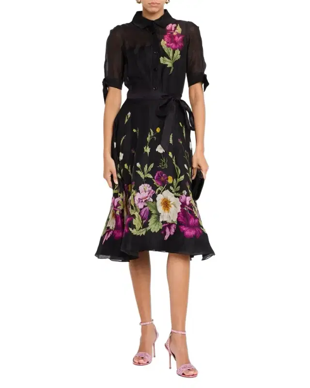 Floral-Print Silken Linen Midi Shirtdress