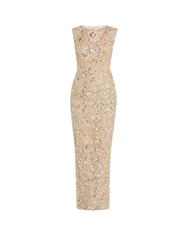 Bronx Banco Violet Bead & Sequin Floral-Embroidered Gown