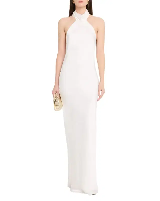 Ramy Brook Tatiana Low-Cut Halter Column Gown