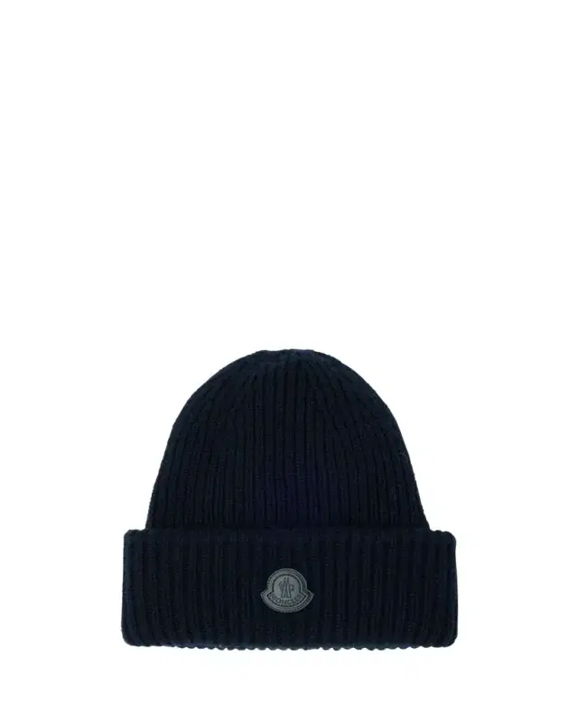 Moncler Men's Cashmere Rib Leather-Logo Beanie Hat