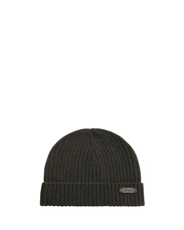Men's Cashmere Rib Leather-Label Beanie Hat