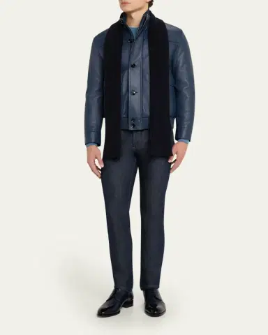 Brioni Men's Cashmere Rib Leather-Label Scarf | Thumbnail 2