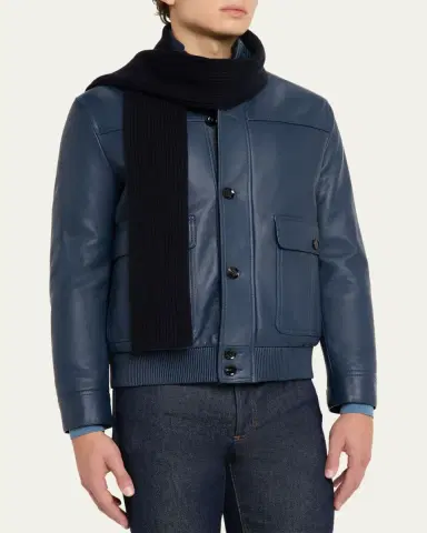 Brioni Men's Cashmere Rib Leather-Label Scarf | Thumbnail 3