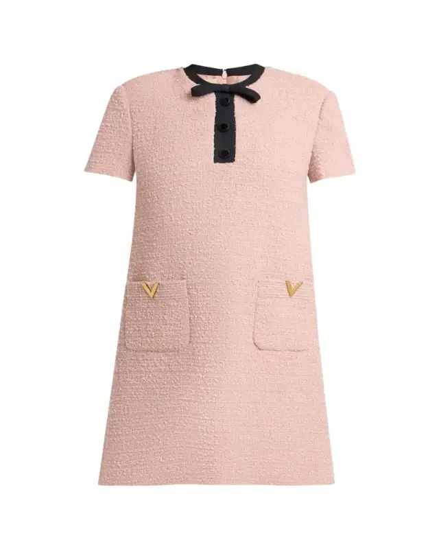 V-Logo Pocket Bow-Neck Tweed Mini Dress