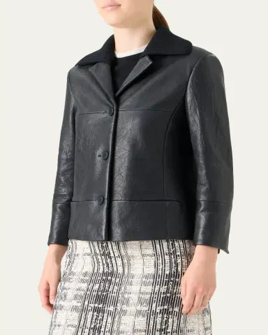 Akris punto Crinkled Leather Jacket With Detachable Knit Collar | Thumbnail 4 Akris punto Crinkled Leather Jacket With Detachable Knit Collar | Thumbnail 4
