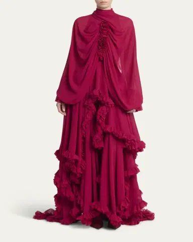 Alexander McQueen Draped Open-Back Ruffle Cape Gown | Thumbnail 2
