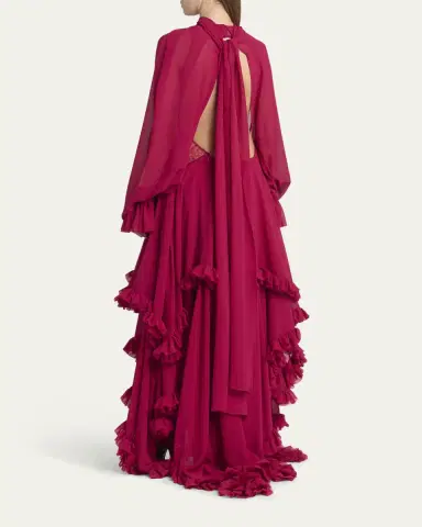 Alexander McQueen Draped Open-Back Ruffle Cape Gown | Thumbnail 3