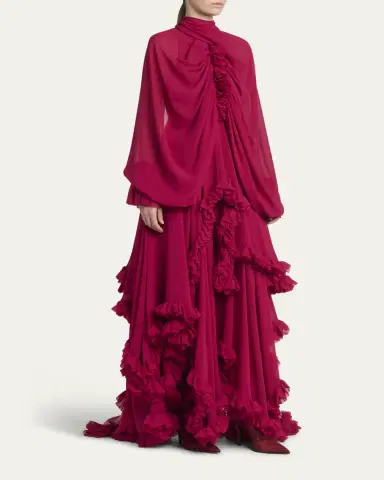 Alexander McQueen Draped Open-Back Ruffle Cape Gown | Thumbnail 4