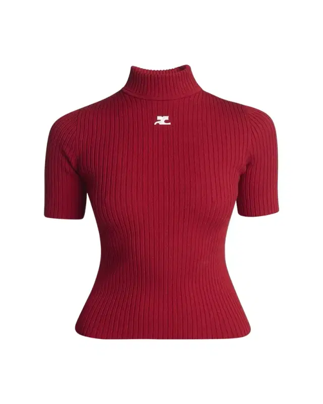 Mock-Neck Short-Sleeve Rib Pullover