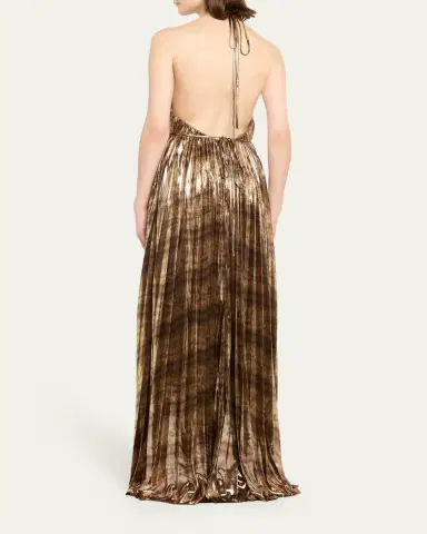 Halston Maxine Pleated Metallic Jersey Halter Gown | Thumbnail 3 Halston Maxine Pleated Metallic Jersey Halter Gown | Thumbnail 3