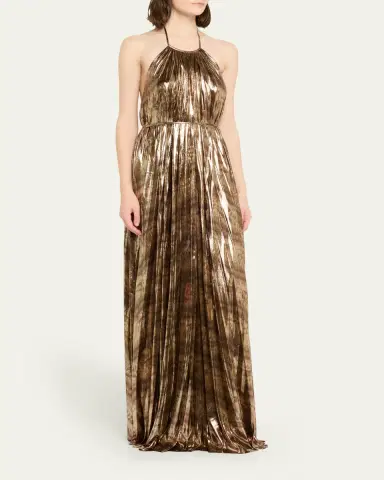 Halston Maxine Pleated Metallic Jersey Halter Gown | Thumbnail 4 Halston Maxine Pleated Metallic Jersey Halter Gown | Thumbnail 4