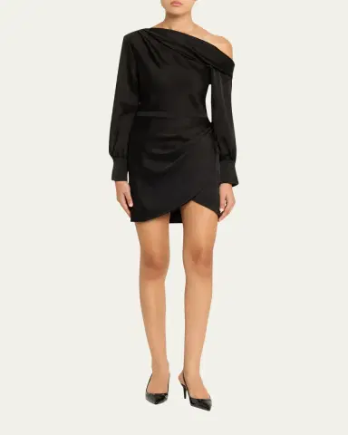 SIMKHAI Cameron One-Shoulder Wrap-Skirt Satin Mini Dress | Thumbnail 2